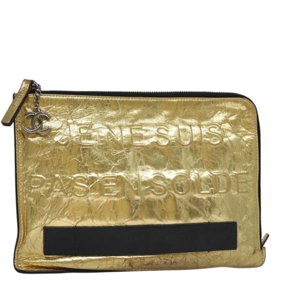 CHANEL Clutch Bag Leather Gold CC Auth 107504 - Picture 1 of 14